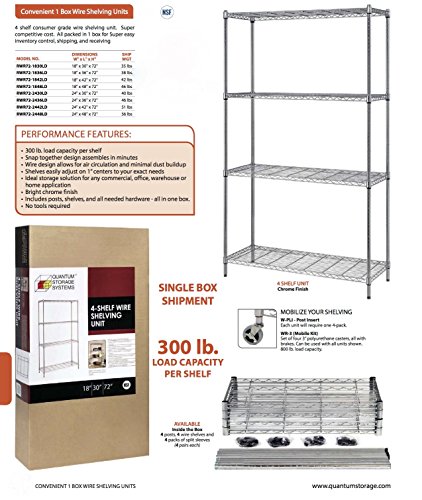 QUANTUM STORAGE SYSTEMS 4-Shelf Adjustable Wire Shelving Unit, 300 lb. Load Capacity per Shelf, 72 H x 30 W x 18 D, Chrome Finish