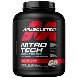 whey protein powder|muscletech nitro-tech whey protein isolate & peptides|protein + creatine for muscle gain | muscle builder for men & women | sports nutrition | cookies and cream, 4lb (40 servings)
