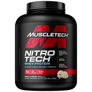 muscletech whey protein powder | muscletech nitro-tech | isolate & peptides | protein + creatine for muscle gain | muscle builder for men & women | sports nutrition | vanilla, 4 lb (40 servings)