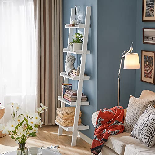 Haotian FRG17-W, White Modern 5 Tiers Ladder Shelf Bookcase, Storage Display Shelving Wall Shelf