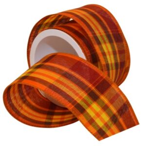 morex ribbon abundance plaid wired fabric ribbon, pumpkin, 2-1/2 in x 3-yd