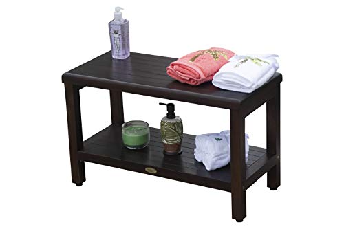 DecoTeak Eleganto Classic Shower Bench 30" Long Natural Teak Wood Armless Shower Stool with Shelf Open Back Wood Shower Bench in Woodland Brown Finish