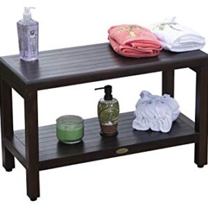 DecoTeak Eleganto Classic Shower Bench 30" Long Natural Teak Wood Armless Shower Stool with Shelf Open Back Wood Shower Bench in Woodland Brown Finish