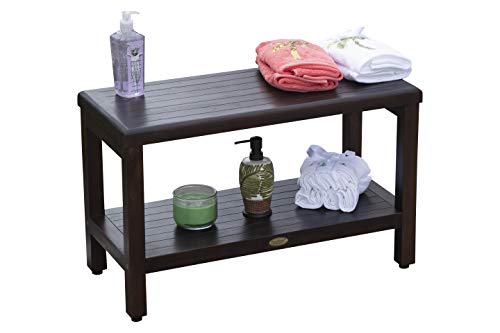 DecoTeak Eleganto Classic Shower Bench 30" Long Natural Teak Wood Armless Shower Stool with Shelf Open Back Wood Shower Bench in Woodland Brown Finish