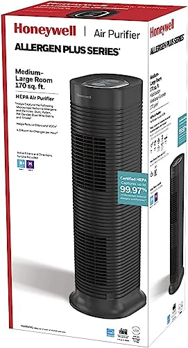 Honeywell AllergenPlus HEPA Tower Air Purifier, Allergen Reducer for Medium-Large Rooms (170 sq ft), Black - Wildfire/Smoke, Pollen, Pet Dander, and Dust Air Purifier, HPA160