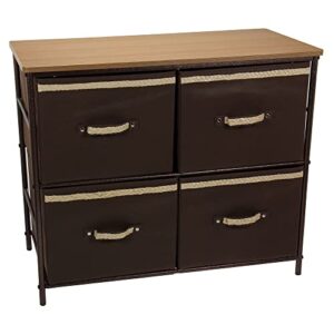 household essentials 2-tier storage chest of drawers bronze frame wood grain top and 4 brown storage bins with natural jute trim