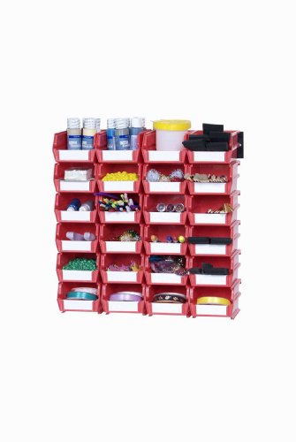 Triton Products 3-220RWS LocBin 26 Piece Wall Storage Unit with 7-3/8 Inch L x 4-1/8 Inch W x 3 Inch H Red Interlocking Poly Bins, 24 CT, Wall Mount Rails 8-3/4 Inch L with Hardware, 2 pk , Blue