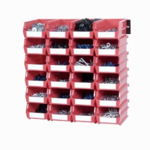 Triton Products 3-220RWS LocBin 26 Piece Wall Storage Unit with 7-3/8 Inch L x 4-1/8 Inch W x 3 Inch H Red Interlocking Poly Bins, 24 CT, Wall Mount Rails 8-3/4 Inch L with Hardware, 2 pk , Blue