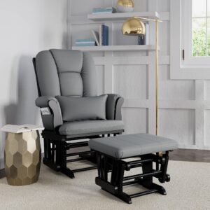 Storkcraft Tuscany Custom Glider and Ottoman with Free Lumbar Pillow, Black/Grey, Cleanable Upholstered Comfort Rocking Nursery Chair with Ottoman, Metal