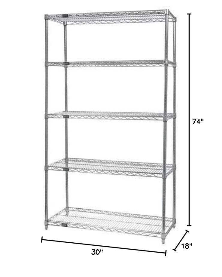 Quantum Storage Systems WR74-1830C-5 Wire Shelving Starter Kit, 30" W x 18" D x 74" H, 600 lbs Capacity, Carbon Steel, Chrome, NSF