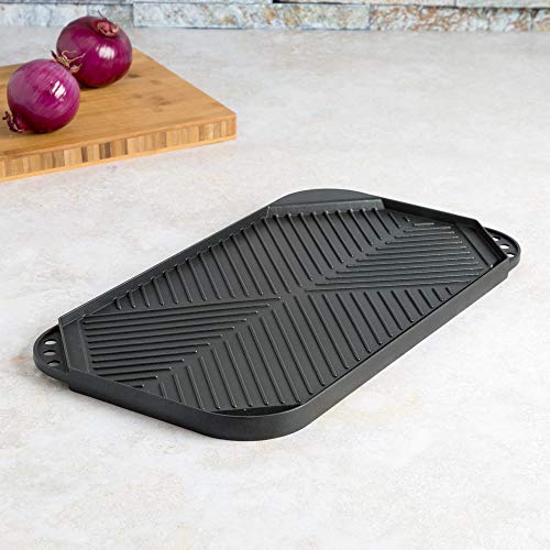 Ecolution 19.5” x 11, Non-Stick, Dishwasher Safe, Double Burner Family Pan Cookware, Cast Aluminum, Reversible Grill/Griddle, Black