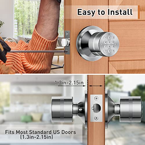 Signstek Keyless Entry Door Lock,Door Knob with Keypad，Smart Code Door Lock,Mute Mode,Passage Function, Easy to Install,Satin Nickel