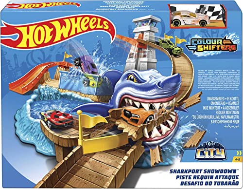 Hot Wheels Toy Car Track Set, Color Shifters Sharkport Showdown with 1 Color Shifters 1:64 Scale Car