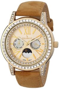 peugeot women crystal bezel dress watch, day date moon phase function & mother of peal dial with roman numeral, brown suede strap