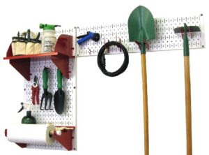 wall control pegboard garden supplies storage and organization garden tool organizer kit with white pegboard and red accessories