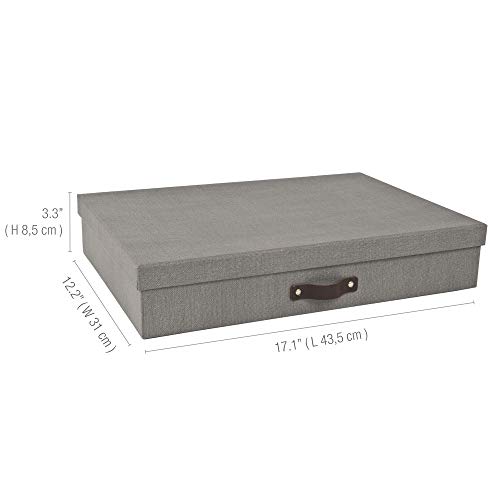 Bigso Sverker Canvas Fiberboard Legal and Art Storage Box | Scrapbook Storage Box for Loose Papers and More | Durable Document Boxes with Lid and Leather Handle | 17.1’’ x 12.2’’ x 3.3’’ | Grey