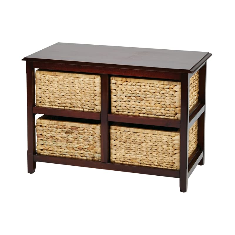 OSP Home Furnishings Seabrook 2-Tier, 4-Drawer Storage Unit with Natural Baskets, Espresso