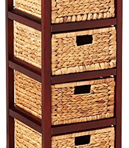 OSP Home Furnishings Seabrook Storage Tower with Solid Wood Frame and Natural Baskets, 4-Drawer, Espresso Finish