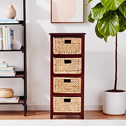 OSP Home Furnishings Seabrook Storage Tower with Solid Wood Frame and Natural Baskets, 4-Drawer, Espresso Finish