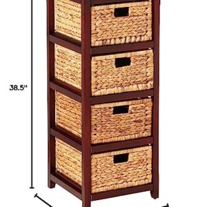 OSP Home Furnishings Seabrook Storage Tower with Solid Wood Frame and Natural Baskets, 4-Drawer, Espresso Finish