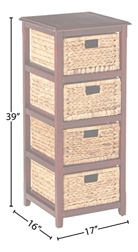 OSP Home Furnishings Seabrook Storage Tower with Solid Wood Frame and Natural Baskets, 4-Drawer, Espresso Finish