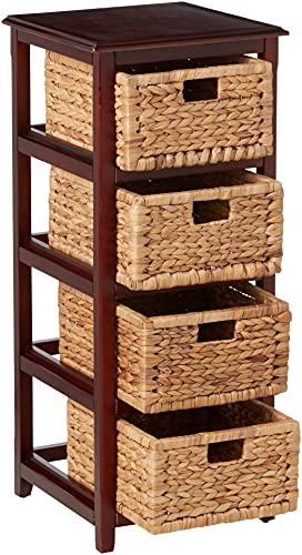 OSP Home Furnishings Seabrook Storage Tower with Solid Wood Frame and Natural Baskets, 4-Drawer, Espresso Finish