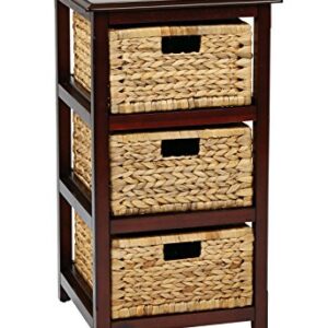 OSP Home Furnishings Seabrook Storage Tower with Solid Wood Frame and Natural Baskets, 3-Drawer, Espresso Finish