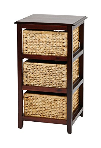 OSP Home Furnishings Seabrook Storage Tower with Solid Wood Frame and Natural Baskets, 3-Drawer, Espresso Finish