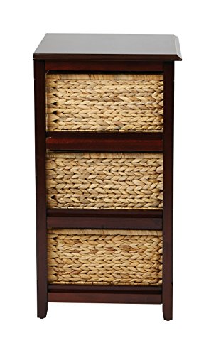 OSP Home Furnishings Seabrook Storage Tower with Solid Wood Frame and Natural Baskets, 3-Drawer, Espresso Finish