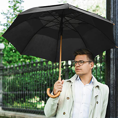 STROMBERGBRAND UMBRELLAS The Vented Urban Brolly 48" Arc Auto Open Large Classic Umbrella with Wooden Hook Handle, Vintage Style Heavy Duty Windproof Long Curved Handle Umbrella for Rain - Black