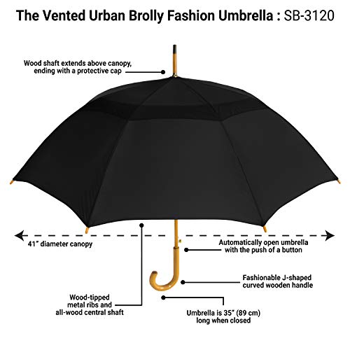 STROMBERGBRAND UMBRELLAS The Vented Urban Brolly 48" Arc Auto Open Large Classic Umbrella with Wooden Hook Handle, Vintage Style Heavy Duty Windproof Long Curved Handle Umbrella for Rain - Black