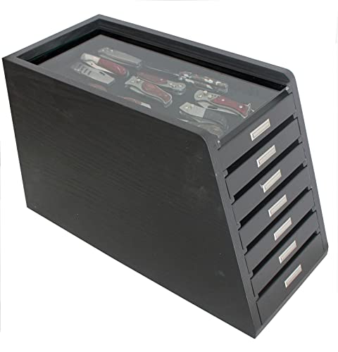 DisplayGifts Knife Storage Glass Top Display Case Holder Tool Storage Cabinet with Felt Bottom Drawers Black