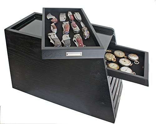 DisplayGifts Knife Storage Glass Top Display Case Holder Tool Storage Cabinet with Felt Bottom Drawers Black