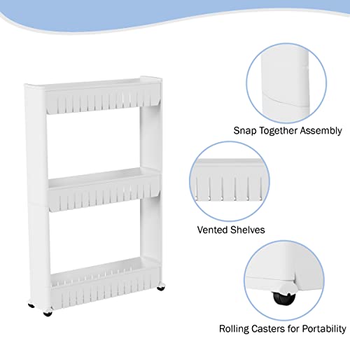 Lavish Store 3-Tier Rolling Cart – Narrow-Space Kitchen or Bathroom Slim Slide Shelves – Organization and Storage Furniture by Lavish Home, (L) 19.5” x (W) 5” x (H) 28”, White