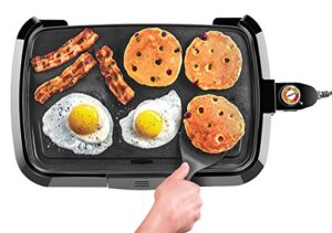 chefman electric griddle, fully immersible and dishwasher safe features, adjustable temperature control allows for versatile cooking and removable slide-out drip tray for easy cleaning, black