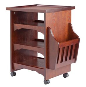 oakridge wood finish deluxe rolling multipurpose table accents, 18.5” w x 25.375” h x 18.875” l – wooden magazine/book rack attachment with 3 shelves and sturdy top platform, mahogany