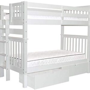 Bedz King Tall Bunk Beds Twin over Twin Mission Style with End Ladder and 2 Under Bed Drawers, White