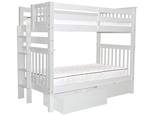 Bedz King Tall Bunk Beds Twin over Twin Mission Style with End Ladder and 2 Under Bed Drawers, White