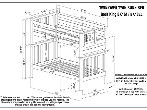 Bedz King Tall Bunk Beds Twin over Twin Mission Style with End Ladder and 2 Under Bed Drawers, White