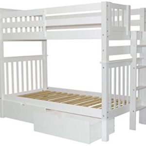 Bedz King Tall Bunk Beds Twin over Twin Mission Style with End Ladder and 2 Under Bed Drawers, White