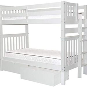 Bedz King Tall Bunk Beds Twin over Twin Mission Style with End Ladder and 2 Under Bed Drawers, White