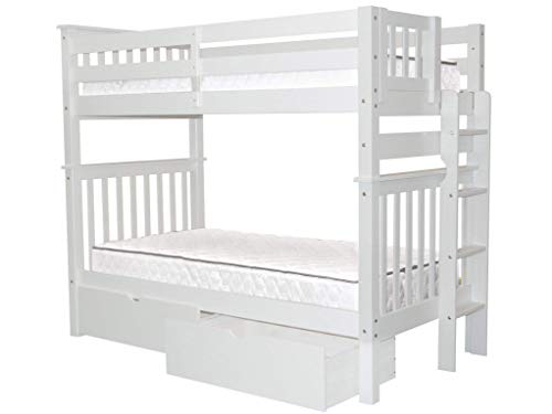 Bedz King Tall Bunk Beds Twin over Twin Mission Style with End Ladder and 2 Under Bed Drawers, White