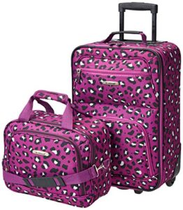 rockland fashion softside upright luggage set, expandable,telescopic handle,wheel, purple leopard, 2-piece (14/19)