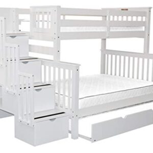 Bedz King Stairway Bunk Beds Twin over Full with 4 Drawers in the Steps and a Full Trundle, White