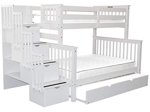 Bedz King Stairway Bunk Beds Twin over Full with 4 Drawers in the Steps and a Full Trundle, White