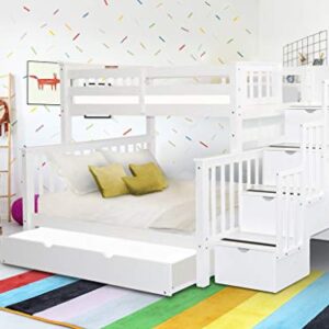 Bedz King Stairway Bunk Beds Twin over Full with 4 Drawers in the Steps and a Full Trundle, White