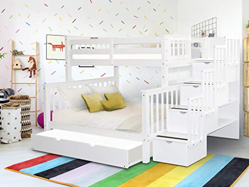 Bedz King Stairway Bunk Beds Twin over Full with 4 Drawers in the Steps and a Full Trundle, White