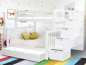 bedz king stairway bunk beds twin over full with 4 drawers in the steps and a full trundle, white