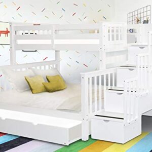 Bedz King Stairway Bunk Beds Twin over Full with 4 Drawers in the Steps and a Full Trundle, White