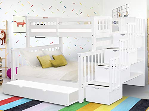 Bedz King Stairway Bunk Beds Twin over Full with 4 Drawers in the Steps and a Full Trundle, White